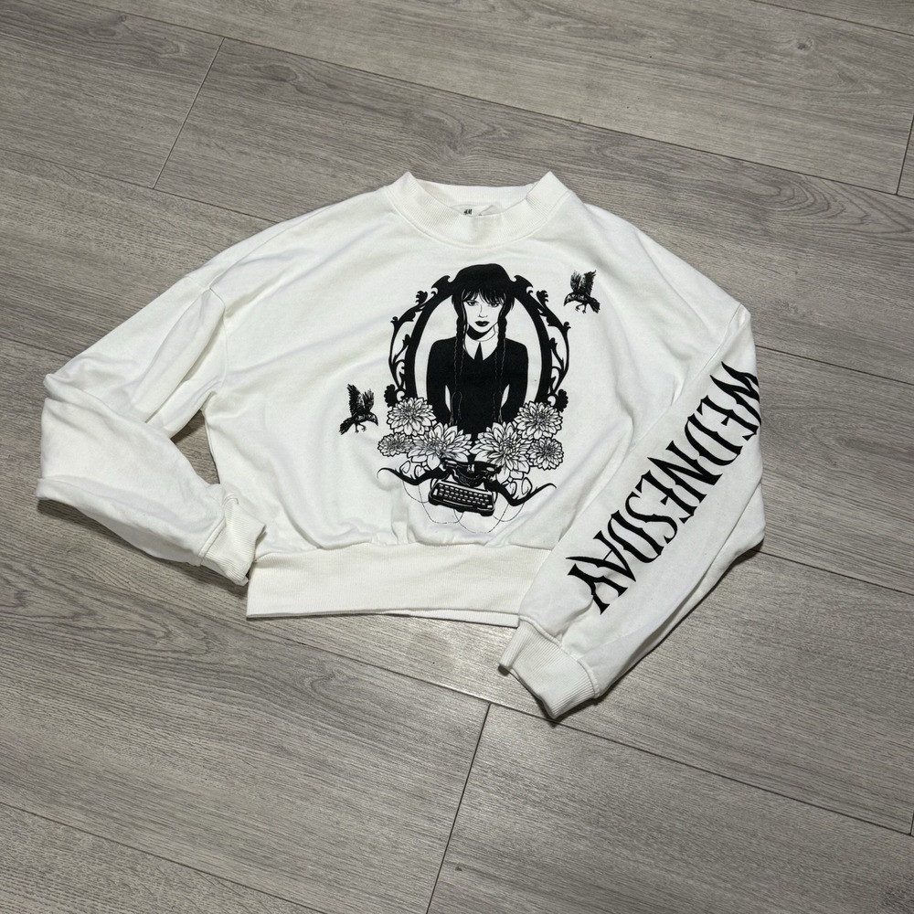 H&M Wednesday Addams Youth Crop Sweatshirt | White Crewneck Gothic Floral 12/14